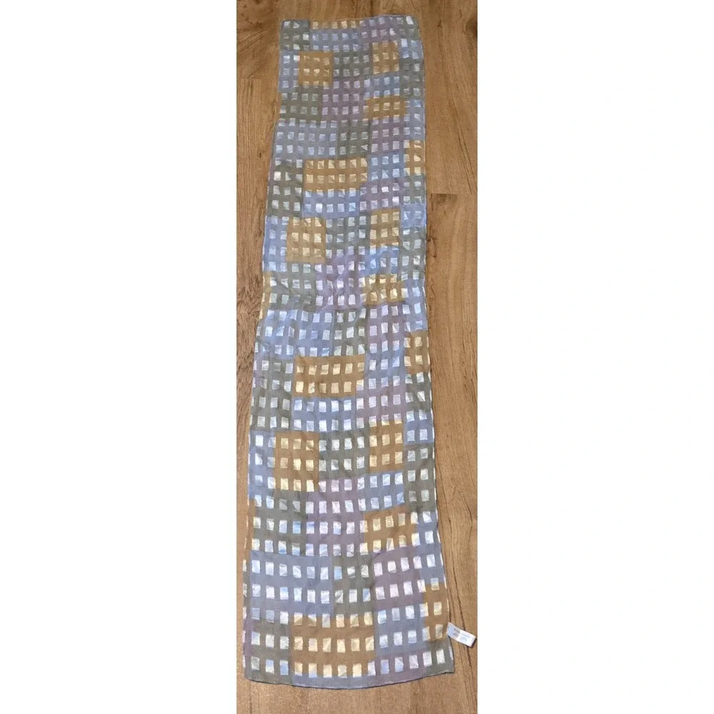 Worthington Womens Sheer Scarf 13x60 Blue Gold Geometric Metallic Stripe Squares